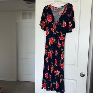 Kissmay Dark Blue Dress with Red Floral Design